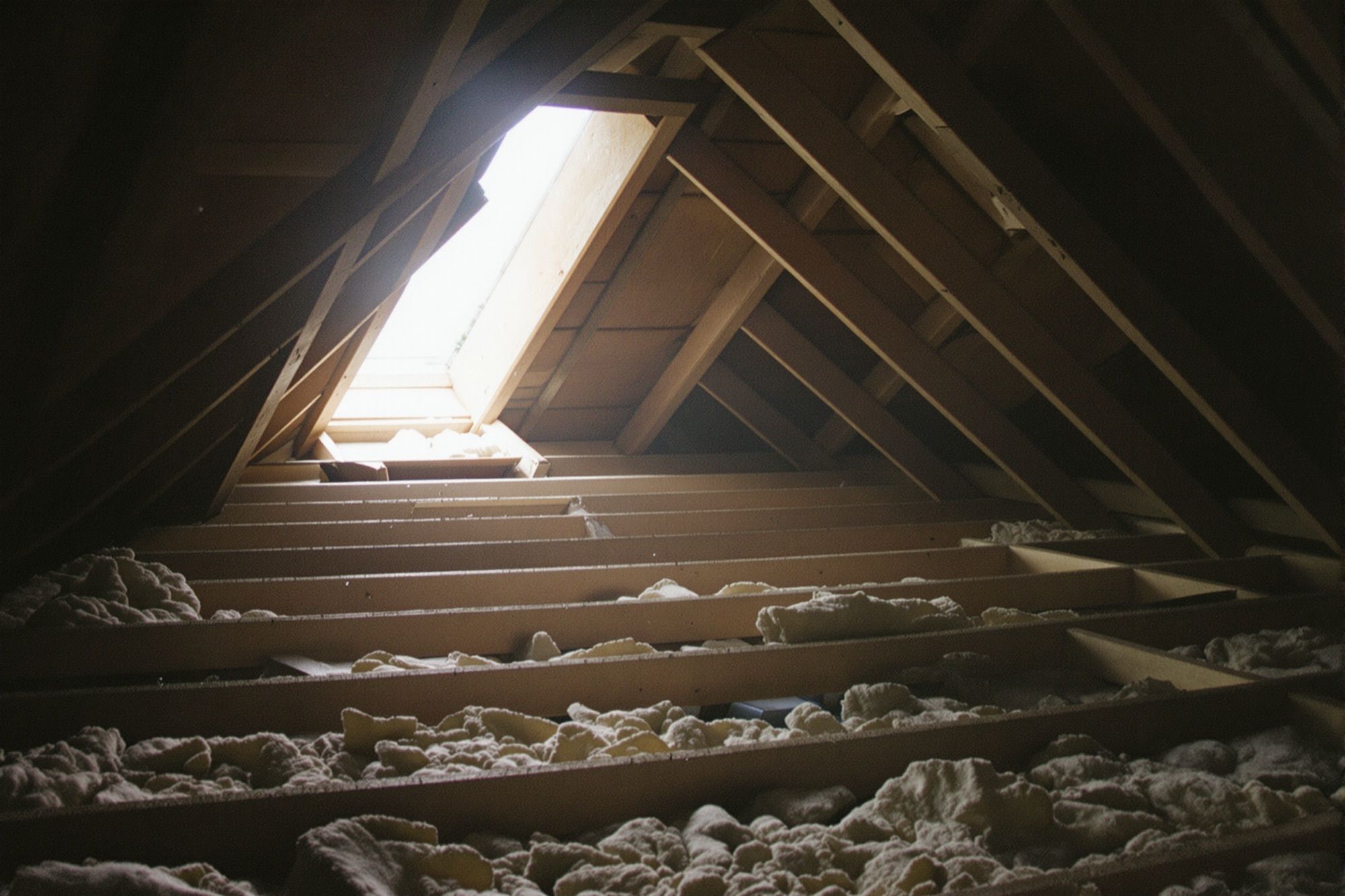 Daylight coming through a gap in roof decking inside an attic