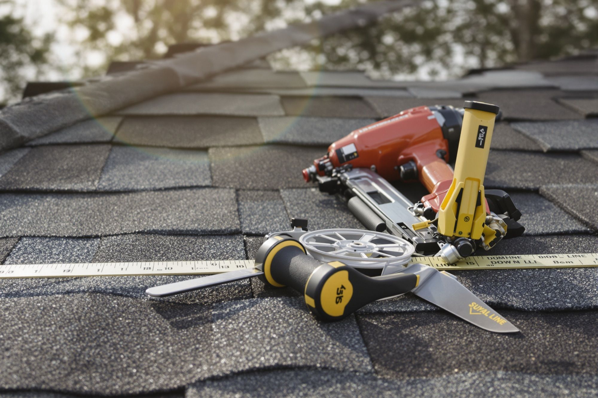 Roofing nailer, chalk line and utility knife on new shingles