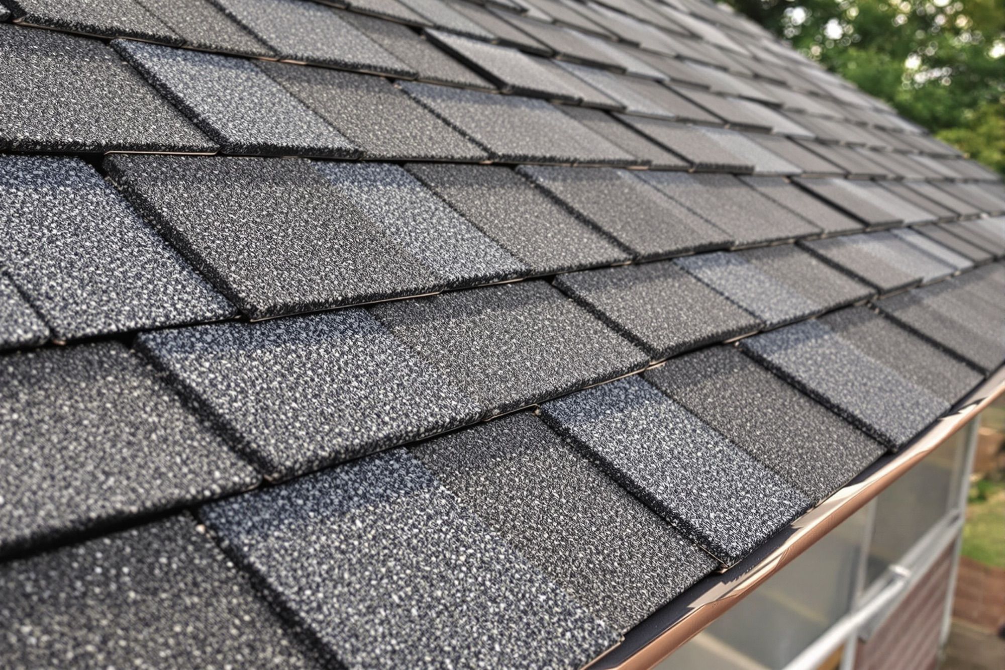 Close-up of new charcoal architectural shingles with a copper drip edge