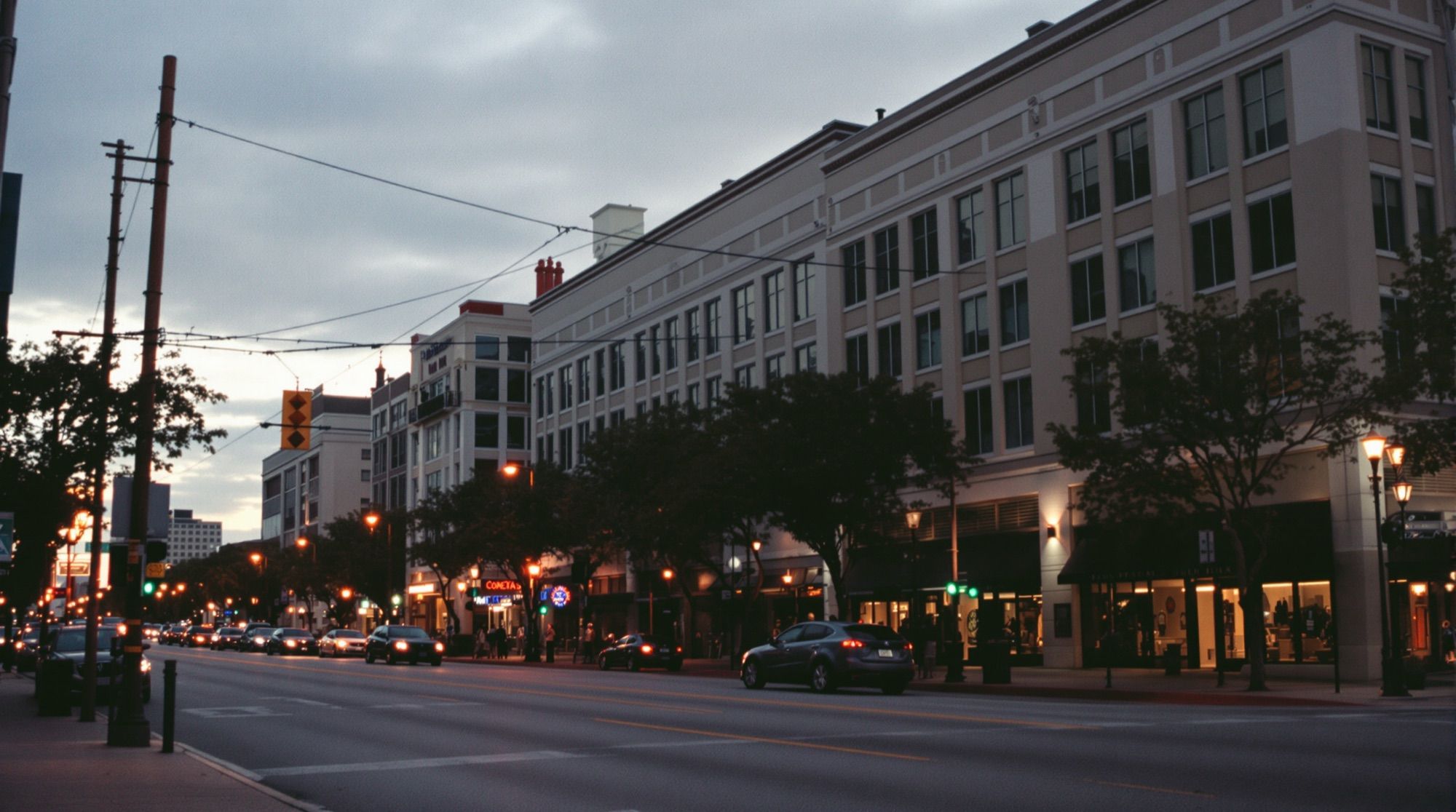 Downtown Texas street at dusk