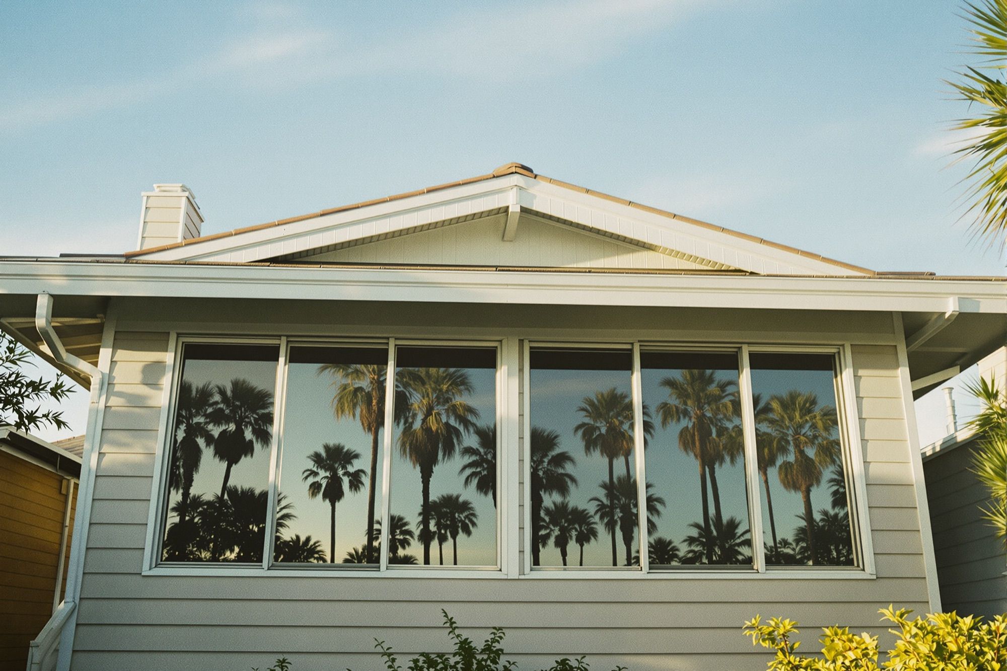 House front with dark tinted windows reflecting palm trees